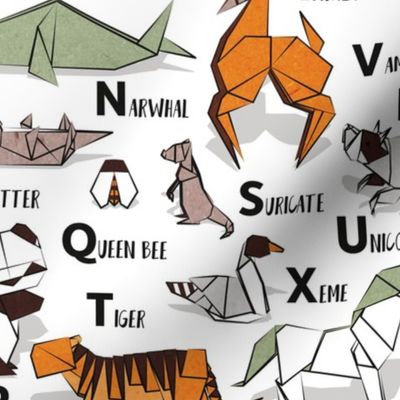 Normal scale // Origami ABC animals // white background orange grey green and brown paper geometric animals