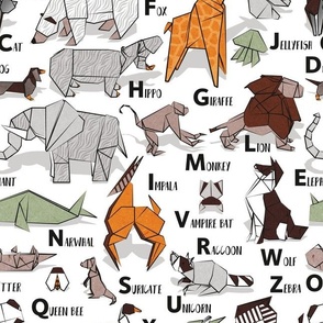 Normal scale // Origami ABC animals // white background orange grey green and brown paper geometric animals