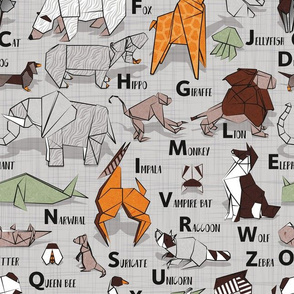 Normal scale // Origami ABC animals // grey linen texture background orange grey green and brown paper geometric animals