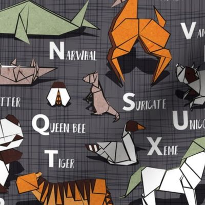 Normal scale // Origami ABC animals // charcoal grey linen texture background orange grey green and brown paper geometric animals