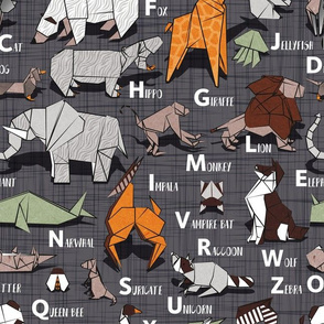 Normal scale // Origami ABC animals // charcoal grey linen texture background orange grey green and brown paper geometric animals