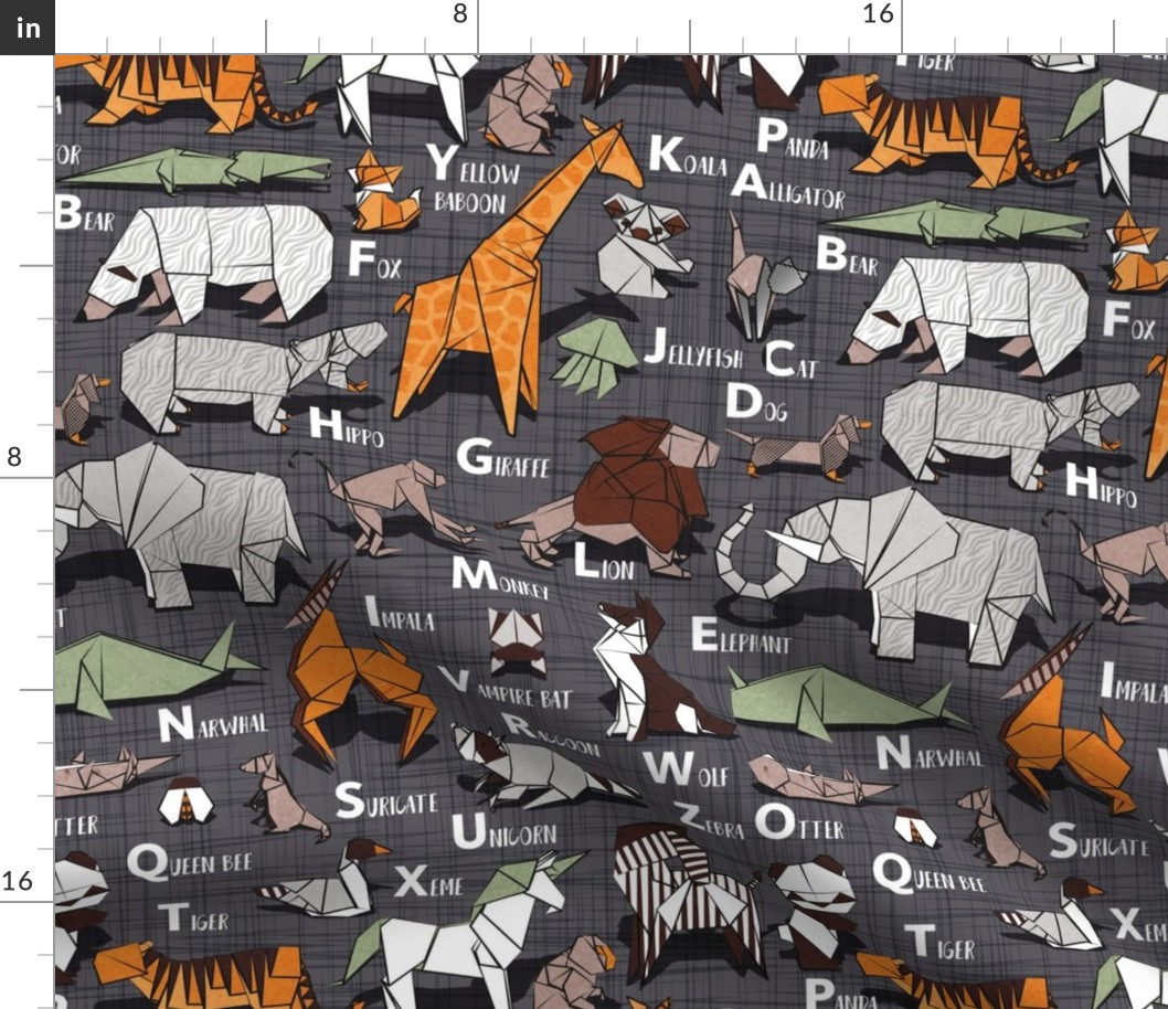 Normal scale // Origami ABC animals // charcoal grey linen texture background orange grey green and brown paper geometric animals