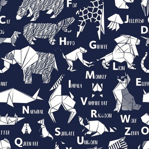 Normal scale // Origami ABC animals // oxford navy blue background white paper geometric animals