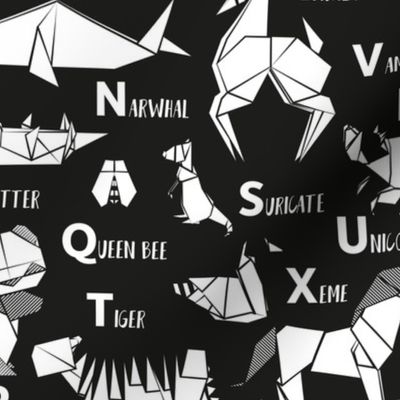Normal scale // Origami ABC animals // black background white paper geometric animals