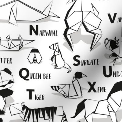 Normal scale // Origami ABC animals // white background black and white paper geometric animals