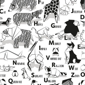 Normal scale // Origami ABC animals // white background black and white paper geometric animals