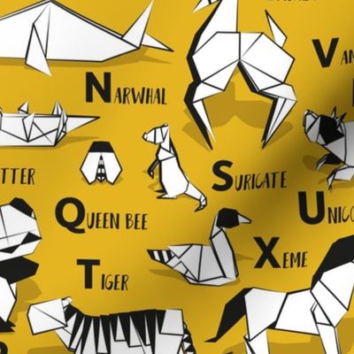 Normal scale // Origami ABC animals // goldenrod yellow background black and white paper geometric animals
