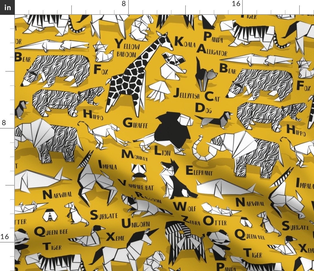 Normal scale // Origami ABC animals // goldenrod yellow background black and white paper geometric animals