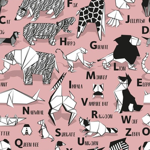 Normal scale // Origami ABC animals // blush pink background black and white paper geometric animals