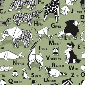 Normal scale // Origami ABC animals // sage green background black and white paper geometric animals