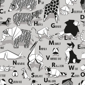 Normal scale // Origami ABC animals // grey background black and white paper geometric animals