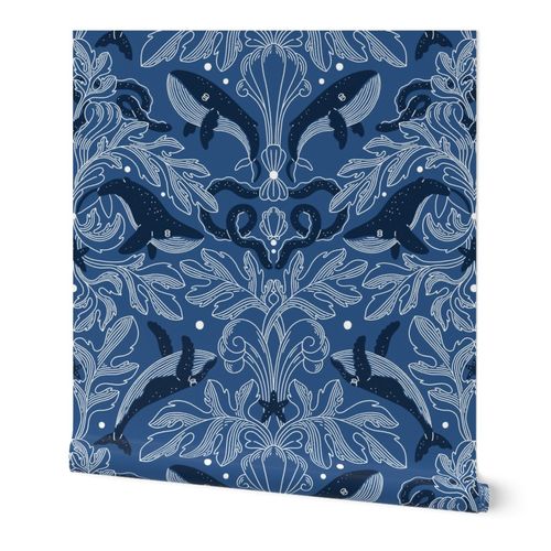 Nautical damask pattern with whales, large scale