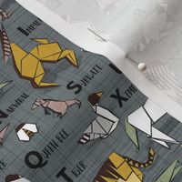 Small scale // Origami ABC animals // green grey linen texture background yellow grey green and brown paper geometric animals