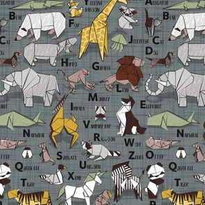 Small scale // Origami ABC animals // green grey linen texture background yellow grey green and brown paper geometric animals