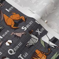 Small scale // Origami ABC animals // charcoal grey linen texture background orange grey green and brown paper geometric animals