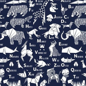 Small scale // Origami ABC animals // oxford navy blue background white paper geometric animals