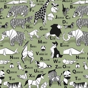Small scale // Origami ABC animals // sage green background black and white paper geometric animals