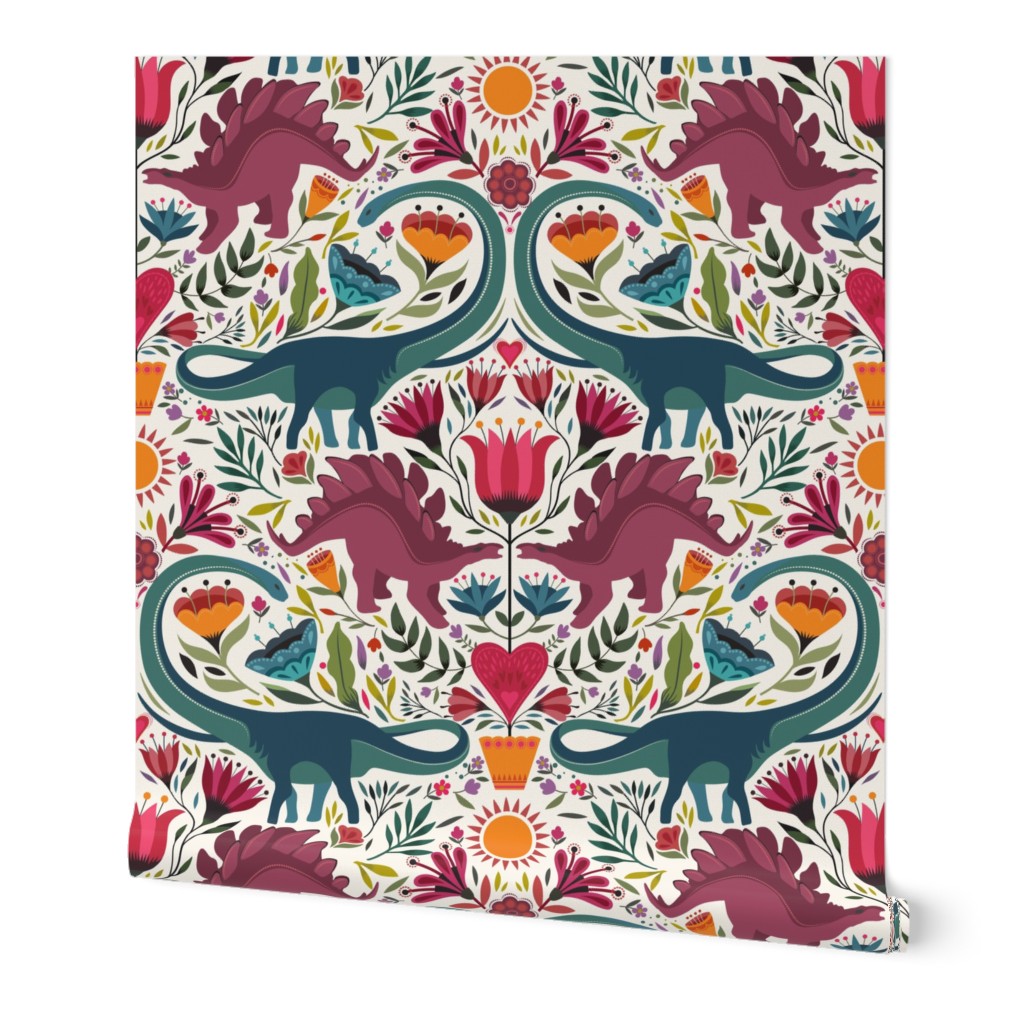 L // Dino-mask Dinosaur damask with florals on ecru