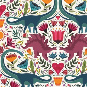 L // Dino-mask Dinosaur damask with florals on ecru