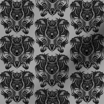 Crowned Tiger King Queen Damask Reimagined - Black, White and Dark Gray