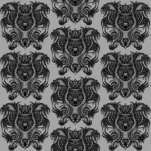 Crowned Tiger King Queen Damask Reimagined - Black, White and Dark Gray