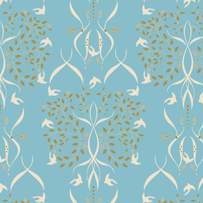 Avian Arbor Damask - Buttercream/ Willow on Lt. Aqua Wallpaper