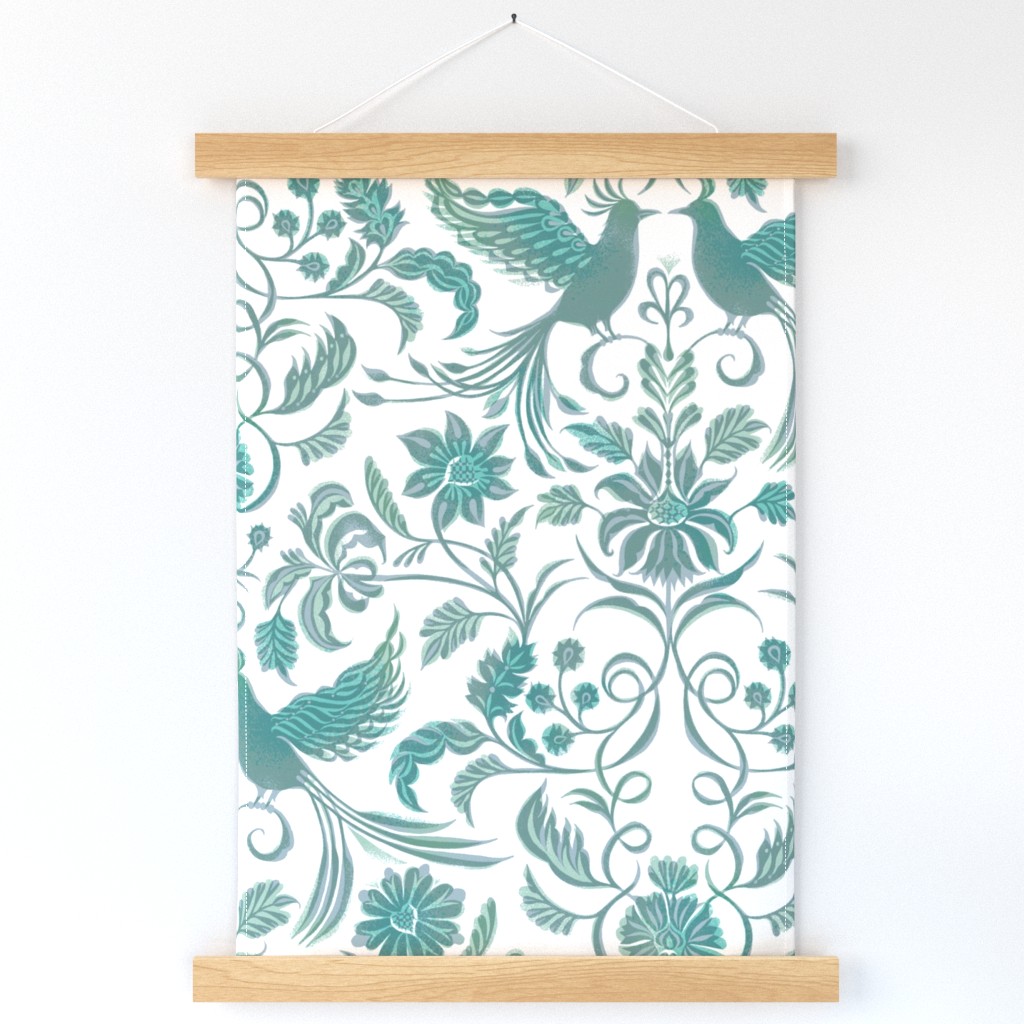 large scale tropical damask / aqua gray