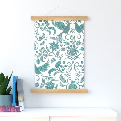 large scale tropical damask / aqua gray