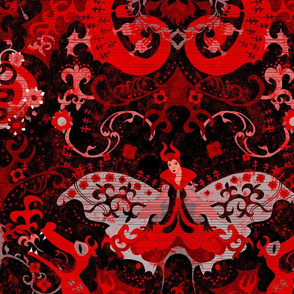She-Dragon Damask -- Gothic Supernatural Snake, Butterfly Devil, Fleur de Lis in Red and Black