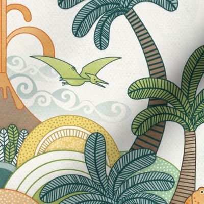 Happy Dinosaurs Damask Large- Autumn Colors- Dinosaur Wallpaper- Earth Tones- Fall Adventure- Outdoors- Dino- Dinos- Kids