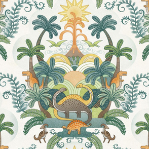 Happy Dinosaurs Damask Large- Autumn Colors- Dinosaur Wallpaper- Earth Tones- Fall Adventure- Outdoors- Dino- Dinos- Kids