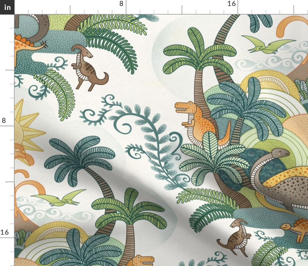 Happy Dinosaurs Damask Large- Autumn Colors- Dinosaur Wallpaper- Earth Tones- Fall Adventure- Outdoors- Dino- Dinos- Kids