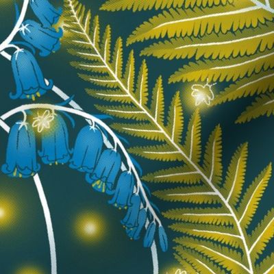 Fireflies, bluebells and ferns damask - jumbo scale
