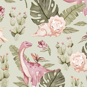 Dino Girl - sage green - wallpaper