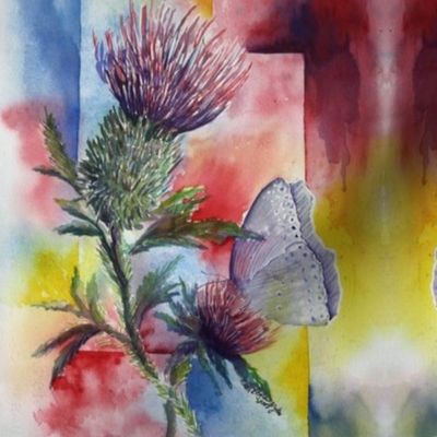 DST1 - Extra Large  -  Watercolor Dreams of Scottish Thistle  - Mirror Image