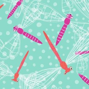 Red and pink dragonflies on mint green big scalebackground