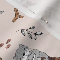 Cute Scandinavian style hand drawn otters and fish water animals soft sand beige grey boys neutral nursery 