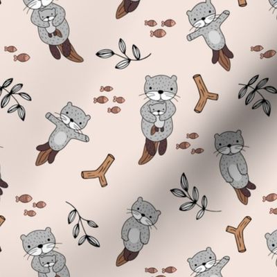 Cute Scandinavian style hand drawn otters and fish water animals soft sand beige grey boys neutral nursery 