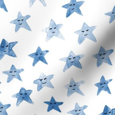 Blue sleeping smiling stars - watercolor starry dreamy pattern for modern sweet nursery kids baby - cute night sky - a060