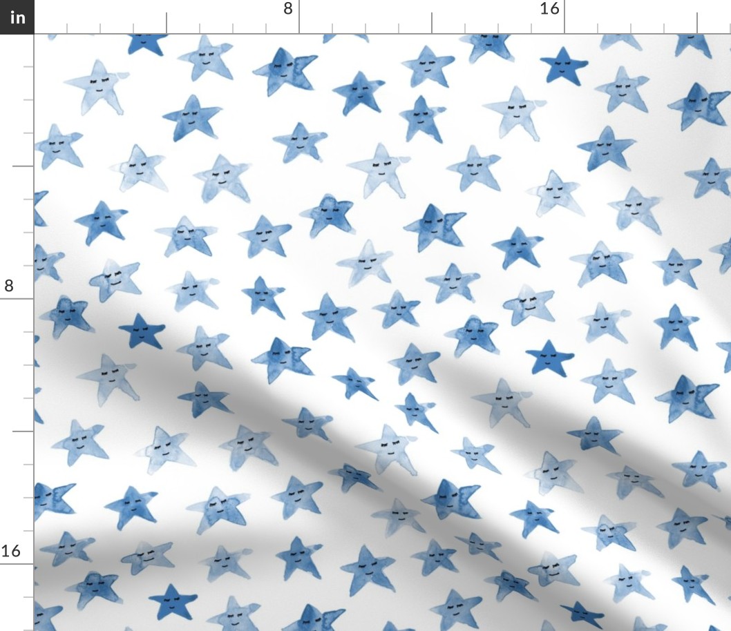 Blue sleeping smiling stars - watercolor starry dreamy pattern for modern sweet nursery kids baby - cute night sky - a060