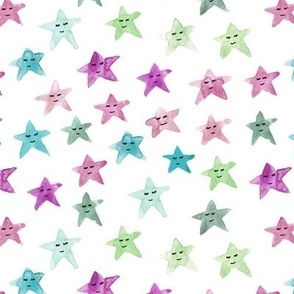 sleeping smiling stars in greens and pinks - watercolor starry dreamy pattern for modern sweet nursery kids baby - cute night sky a060-3