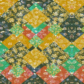 Bohemian Mid-Century Modern  Vintage layered Scrap Fabric Block Print  Oriental Patchwork 