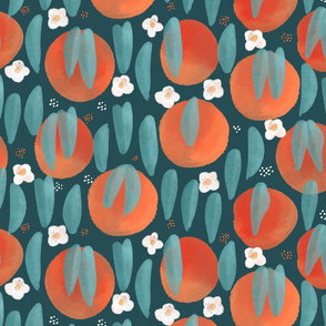 Watercolor Peaches on Dark Teal Medium Scale