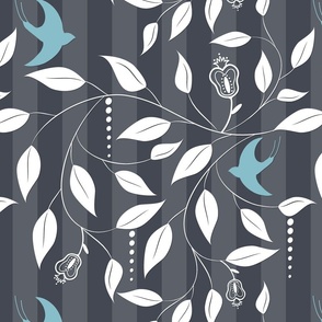 Swallows Gathering Within_Teal -White on Gray Stripe Wallpaper