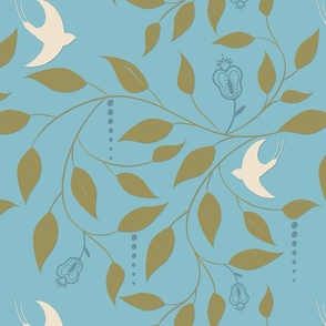 Swallows Gathering   - Cream /Willow on Blue Wallpaper