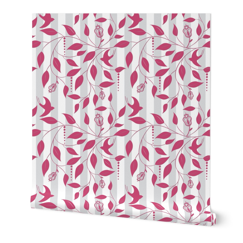 Swallows Gathering -Raspberry on Pink/Gray Striped Wallpaper