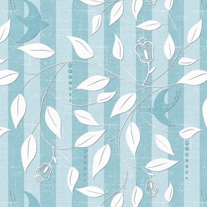 Swallows Gathering  -White/ Blue Linen Stripes Wallpaper