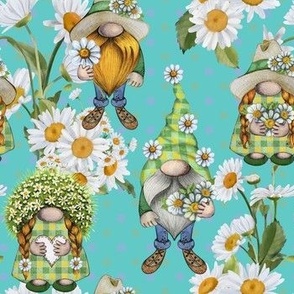 Chamomile flowers gnomes summer turquoise aqua blue flwrht