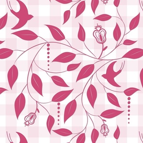 Swallows Gathering - Raspberry on Pink Plaid Wallpaper