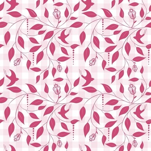 Swallows and Blooms on Pink Plaid